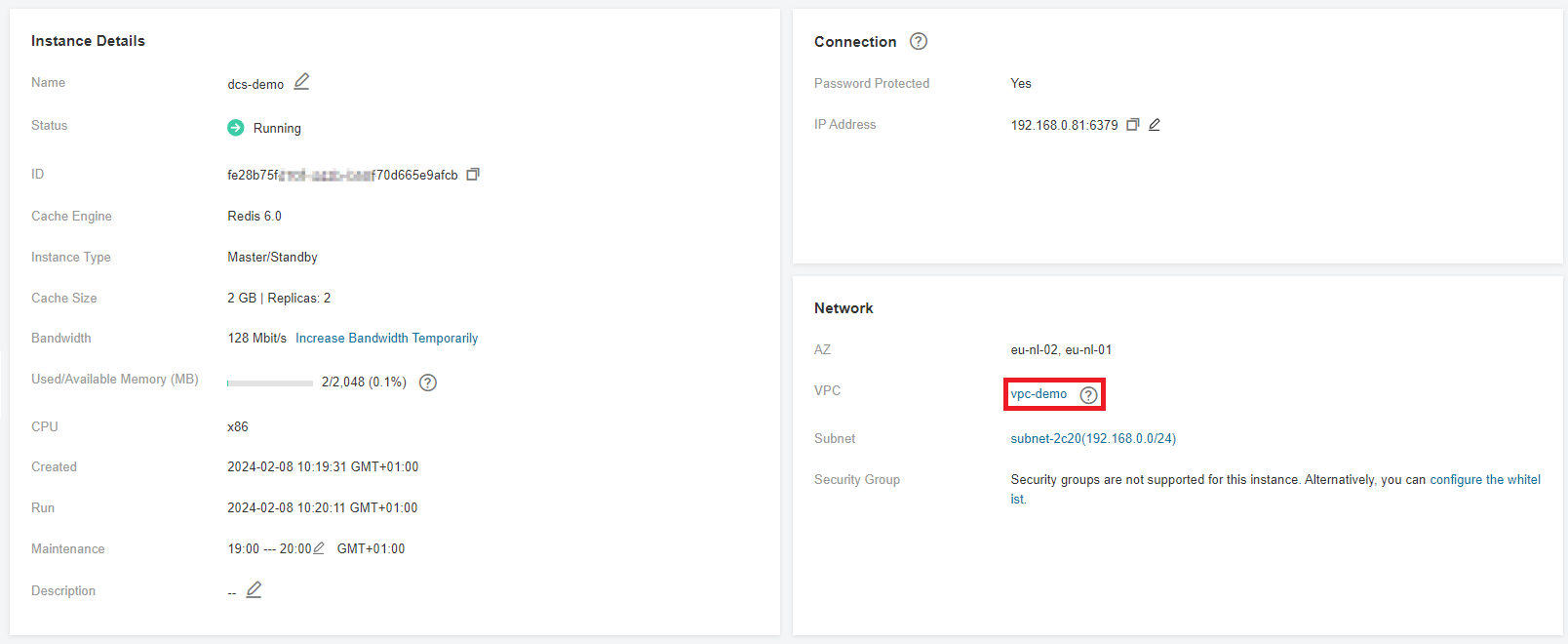 Figure 2 DCS Redis instance details